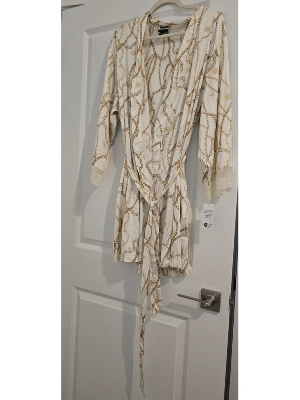 INC White and Gold Chain Print Robe with Lace Trim - Size L